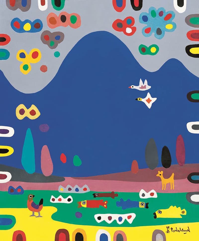 오승윤_청산과 꽃구름 · silkscreen on paper · 57x47cm · 2002 · Green mountain and flowering clouds · silkscreen on paper