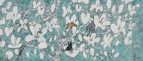 꽃.새.나비. · 판넬에 혼합재료 · 14.8 x 35 cm · 2017 · Flower, Bird, Butterfly · mixed materials on Panel