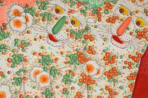꽃을 사랑한 호랭이 · 한지-혼합재료 · 120x80cm · 2009 · Tiger in love with flowers · Korean paper-mixed material