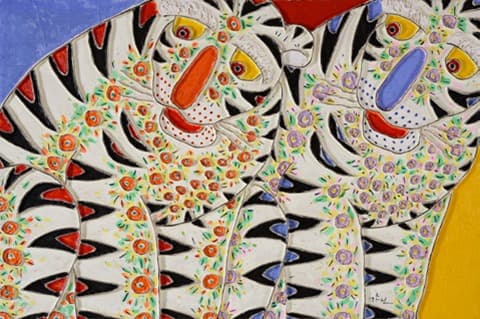 꽃을 사랑한 호랭이 · 한지-혼합재료 · 120x80cm · 2009 · Tiger in love with flowers · Korean paper-mixed material