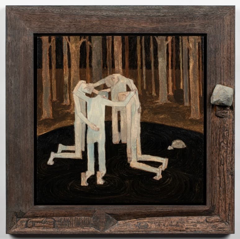 심연에서 우리 서로 · 캔버스에 유채, 나무에 조각액자, 자연석 · 62.5x62.5cm · 2019 · each other in an abyss