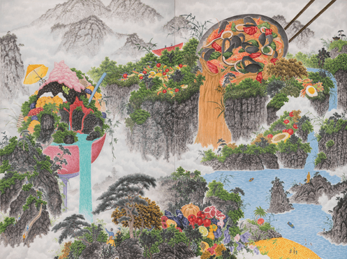맛있는 산수 · 장지에 수묵채색 · 200x240cm · 2017 · Delicious Landscape · Watercoloring on screen