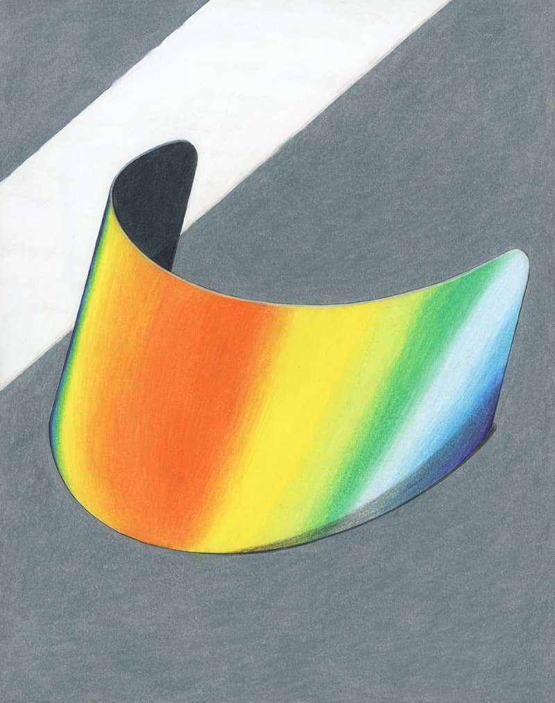 〈도로위에 헬멧 쉴드〉 · 종이 위에 연필, 색연필 · 41.3 x 32.6 cm · 2018, 이미지 출처_ 작가 · Helmet shield on the road · Pencil, color pencil on Paper