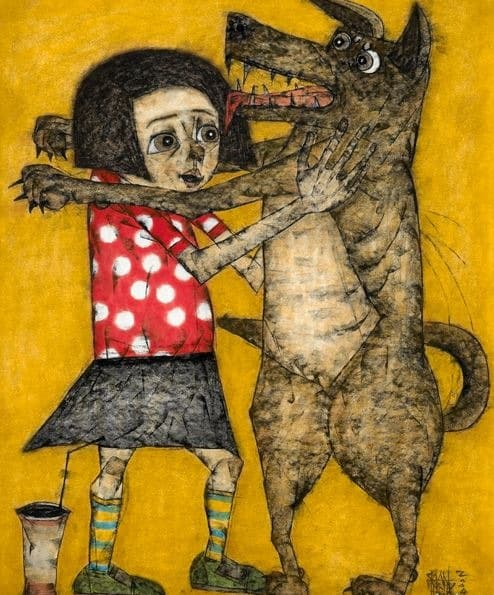 소녀와 개 09-3 · 한지에 목탄채색 · 115×95cm · 2009 · A girl and a dog 09-3