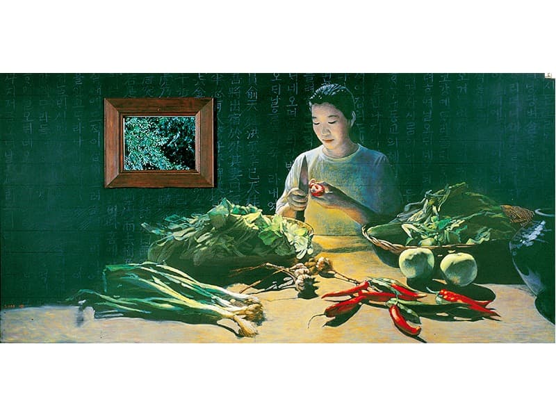 김명희 김치 담그는 날 · 칠판에 오일파스텔, LCD 모니터 · 120 x 240 cm · 2000