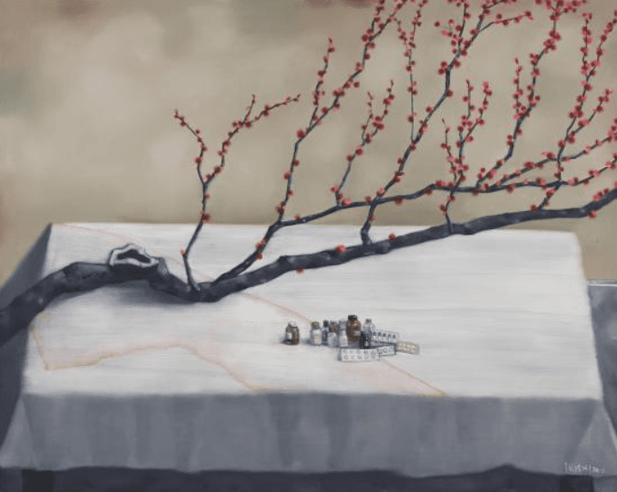 장샤오강_홍매와 약병들 · 캔버스에 유채 · 120x150cm · 2012 · Zhang Xiaogang_Hongmae and Pharmacists · Oil on canvas
