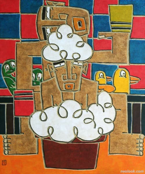 현덕식_아드님! 시작합니다 · 장지에 먹, 안료, 염료, 옻칠 · 73×61cm · 2019 · Hyun Duk-Sik_Son! Let's start · China ink, pigments, dyes, lacquer on paper