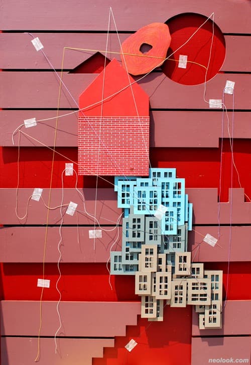 Collage city, Cutting · 실에 왁스, 종이에 아크릴채색 · 100×70cm · 2019 · Collage city, Cutting · Wax in thread, acrylic in paper