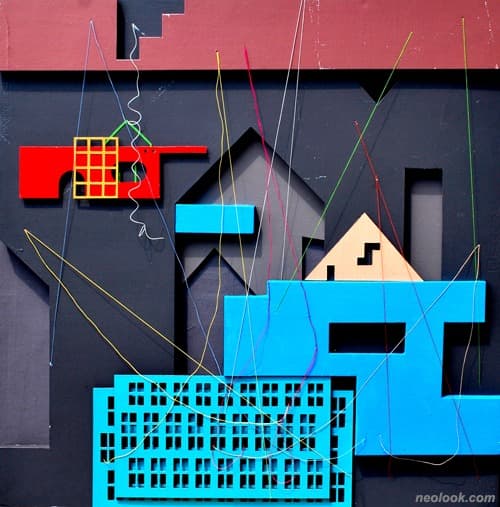 Collage city, Cutting · 실에 왁스, 종이에 아크릴채색 · 70×70cm · 2019 · Collage city, Cutting · Wax in thread, acrylic in paper