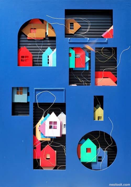Collage city, Cutting · 실에 왁스, 종이에 아크릴채색 · 1100×70cm · 2019 · Collage city, Cutting · Wax in thread, acrylic in paper