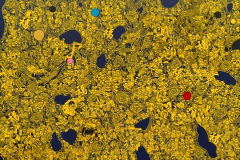 김민수_영웅부적-엘로&불루 · 캔버스에 아크릴 · 193.9x130.3cm · 2019 · Kim Min-Soo_Hero Busuck-Yellow&Blue · Acrylic on Canvas