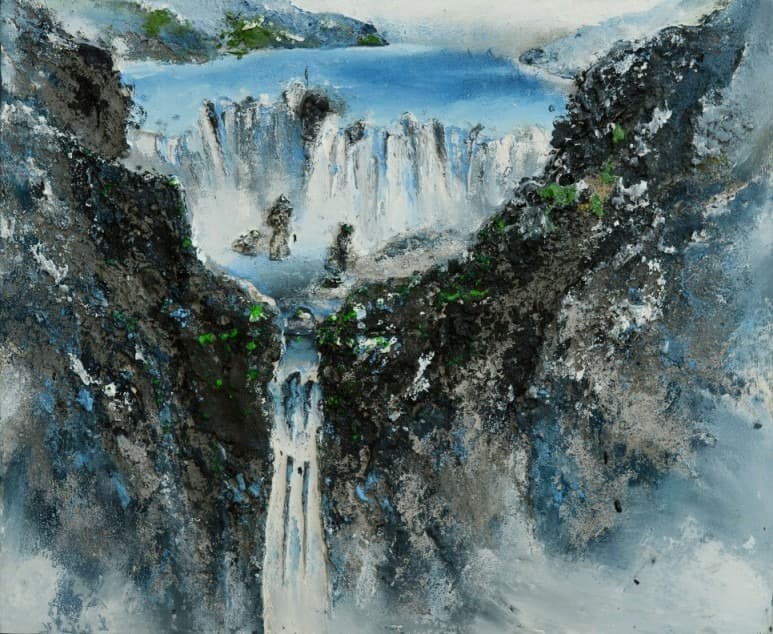 마음의 폭포 · 캔버스 위에 흙, 실, 청바지, 나무 · 65x53cm · 2019 · Waterfall of Mind · Soil, Thread, Jeans, and Wood on Canvas