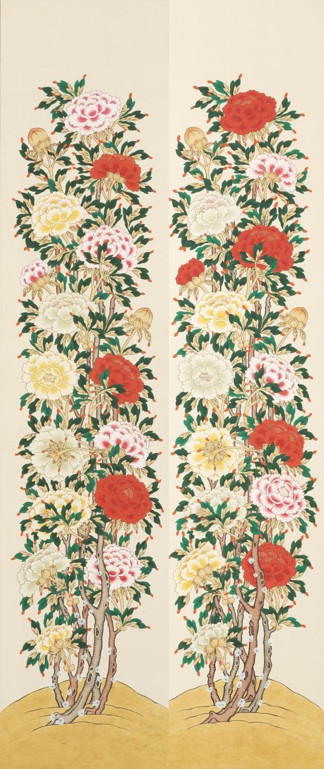 남기선 <모란도> · 순지에 채색 · 45×201cm×2폭 · 2019