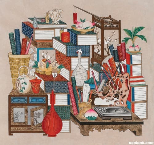 김명지_책가도 · 한지에 분채 · 60×65cm · 2018 · Kim Myung-Ji_BackGaDo · Boonchae on Korean paper