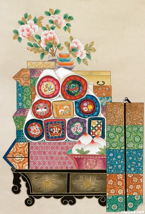 김수현_꿈꾸는 방 · 순지에 분채, 봉채 · 80×50cm · 2018 · Kim Su-Hyen_Dreaming Room · Boonchae and Bongchae on Soonji