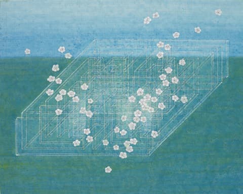유한이, 옥상정원 · 장지에 연필, 프린트, 채색 · 62x81cm · 2017 · Yu han-yi, Rooftop garden · Pencil, print, color on paper