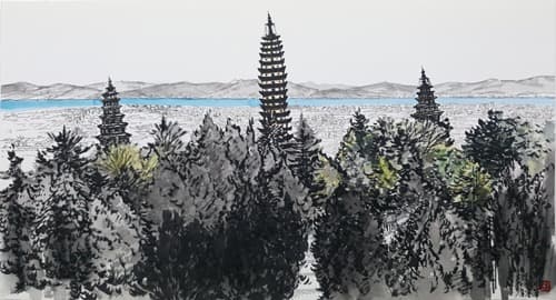 최순녕, 大理三塔 · 종이에 수묵과 펜, Color · 42x22.6cm · 2020 · Choi Soon-nyung, 大理三塔 · Color, Ink and pen on paper