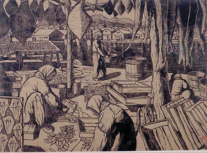 남빈동어시장 · 목판화 · 80.4x110.8cm · 1977 · Nambin-dong Fish Market · woodprint
