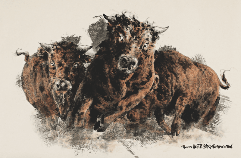 이상원_투 鬪 · 한지위에 먹과 유화물감 · 125x82cm · 2000 · The Fighting · ink, oil color on paper