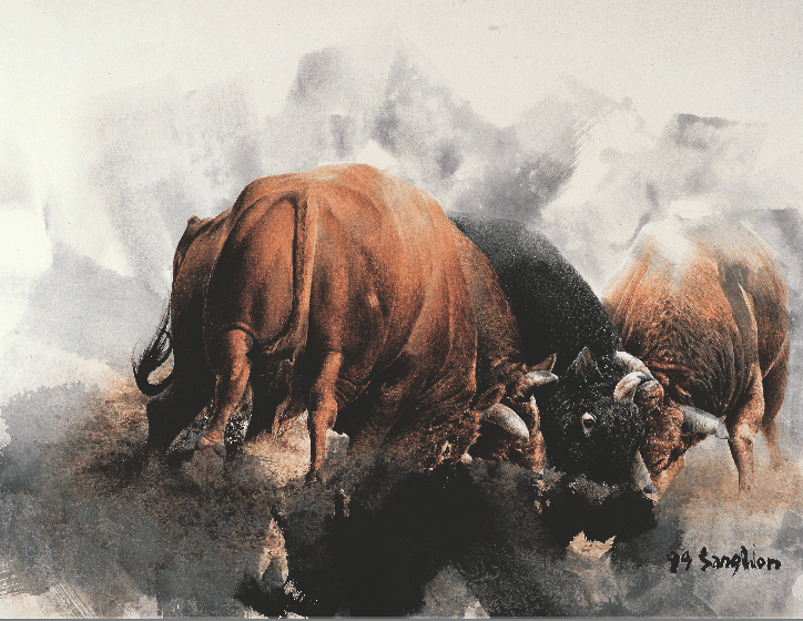 이상원_투 鬪 · 한지위에 먹과 유화물감 · 165x126cm · 1999 · The Fighting · ink, oil color on paper