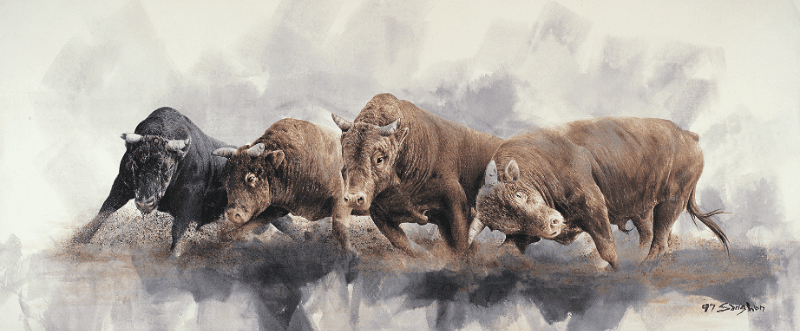 이상원_투 鬪 · 한지위에 먹과 유화물감 · 280x116cm · 1997 · The Fighting · ink, oil color on paper