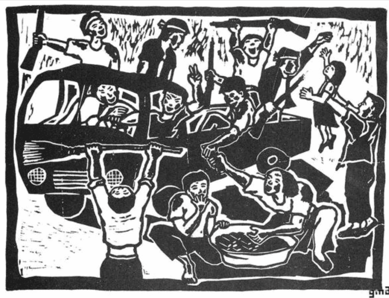 홍성담-오월_27_대동세상 · woodcut · 41.8x55.5cm · 1984