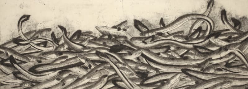 물, 비늘, 껍질 · 장지위에 먹 · 68x187cm · 2020