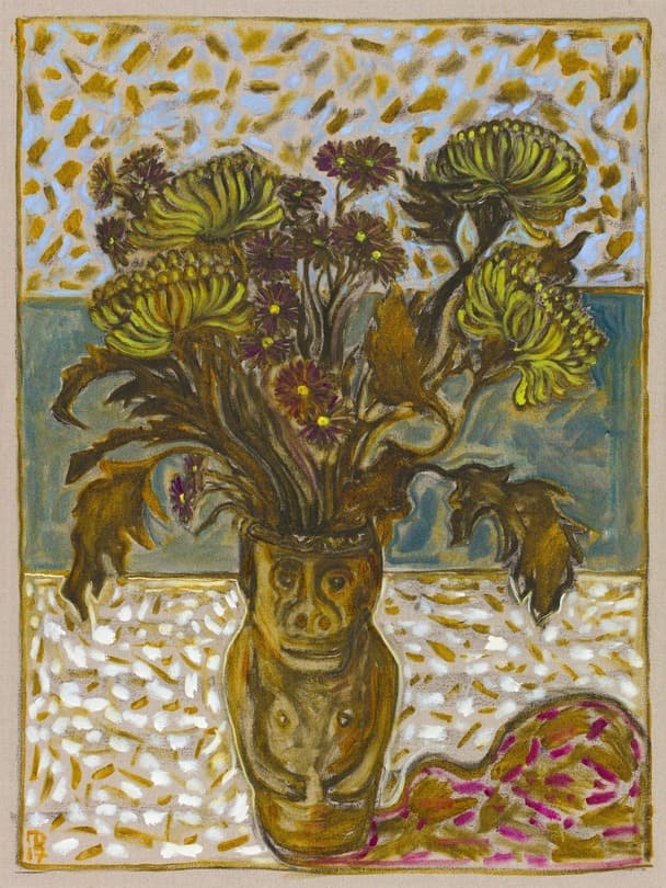 chrysanthemums in June’s pot · Oil and charcoal on linen · 48.03 x 35.83 inches · 2017 · chrysanthemums in June’s pot · Oil and charcoal on linen