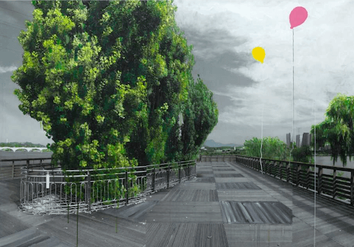 〈녹색연구-서울-공터-선유도〉 · 캔버스 위에 피그먼트 프린트, 아크릴채색 · 140 x 200 cm · 2019