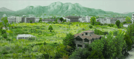 〈녹색연구-서울-공터-송현동 1〉 · 캔버스 위에 피그먼트 프린트, 아크릴채색 · 90 x 200 cm · 2019