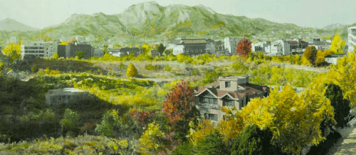 〈녹색연구-서울-공터-송현동 2〉 · 캔버스 위에 피그먼트 프린트, 아크릴채색 · 90 x 200 cm · 2019. 캔버스 위에 피그먼트 프린트, 아크릴채색, 90 x 200 cm.