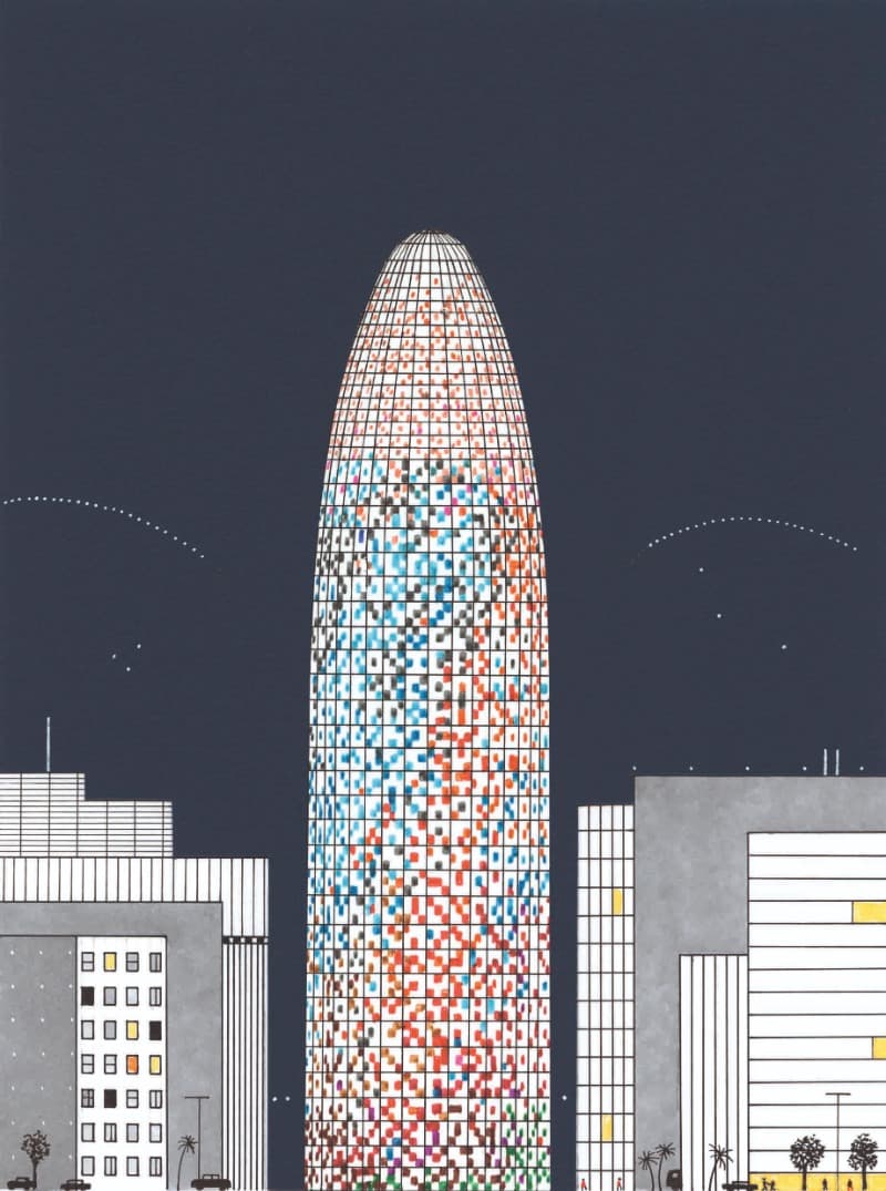 아그바르 타워 · 종이에 마커와 펜, 종이 콜라주 · 2013 · Didier Cornille ⓒ helium Actes Sud, Paris. · Didier Cornille ⓒ helium Actes Sud, Paris