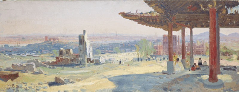 평양의 누각 · 캔버스에 유채 · 36.5x94 cm · 1954, [출처] 경주 예술의전당 홈페이지 · A Pavilion in Pyongyang · Oil on canvas