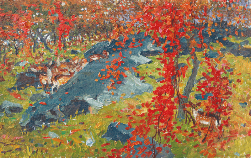 바위와 사슬 · 합판, 캔버스에 유채 · 50x70 cm · 1971,  [출처] 경주 예술의전당 홈페이지 · Rocks and Deers · Oil on canvas panel