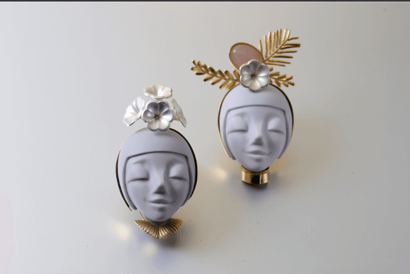 Narcissus · Silver, resin, rose quartz · 5.5x3.2cm, 6.2x3.2cm, Brooch · 2020 · Narcissus · Silver, resin, rose quartz