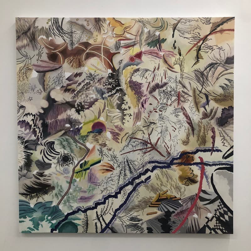 사신으로 변신하는 투명한 티라노의 이글거림 · oil and digital print on canvas · 130.3x130.3cm · 2019