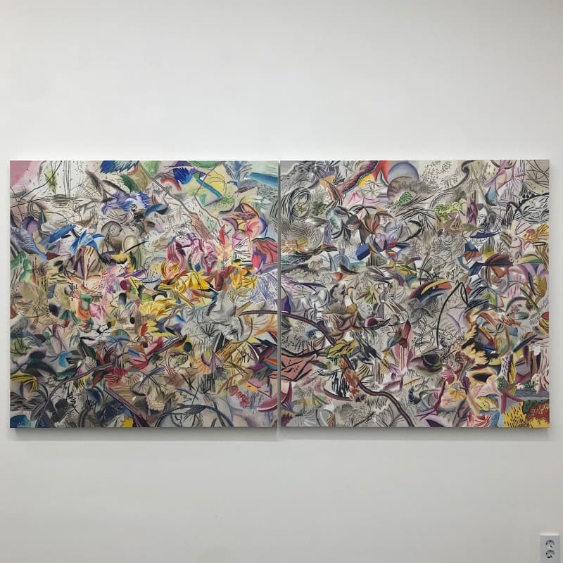 미소년 노인의 금빛 드로잉 일기, 표범의 기억 저편 에네르기 · oil and digital print on canvas · 112.1x112.1cm · 2018, 2019
