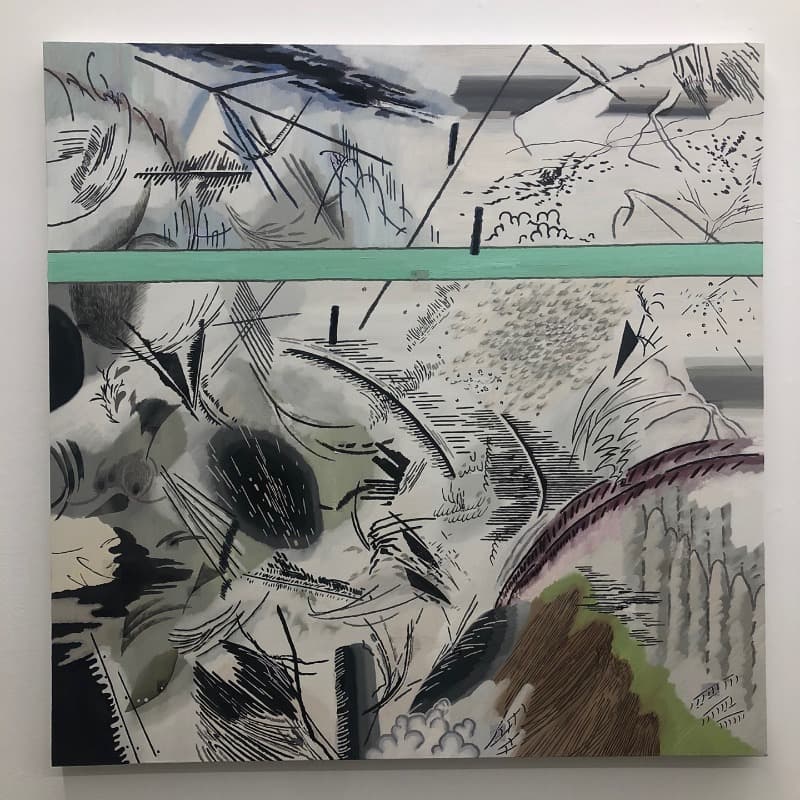 날개 짓에 부딪치는 검은 옷자락 · oil and digital print on canvas · 112.1x112.1cm · 2019