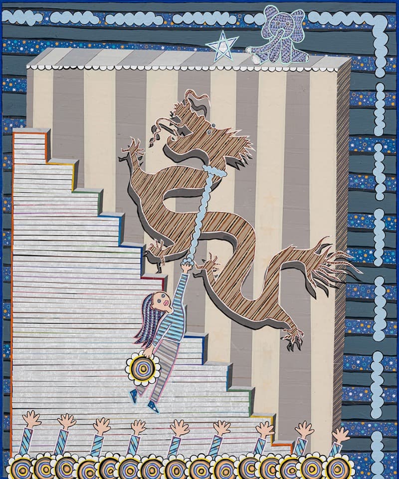 황희림, Dragon Ride · Acrylic, cut paper on panel · 45.5 x 37.9 cm · 2020 · Dragon Ride · Acrylic, cut paper on panel