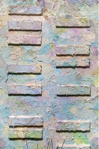 Bathroom moss, 박진희 · brick on wood, spray, mixed media · 125 x 160 cm · 2019 · Bathroom moss · brick on wood, spray, mixed media