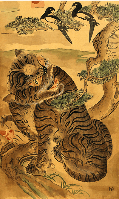 호랑이와 까치 · 비단에 먹과 채색 · 40x24cm · 2020 · Tigers and magpies · Ink and coloring on silk