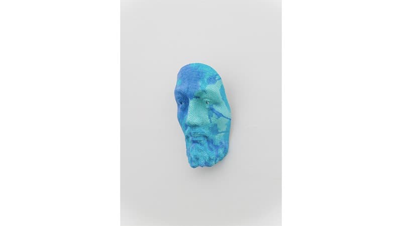 Jesus Mask · acrylic phosphorescent pigment on the work of sequins on polyester resin fiberglass, · 31 x 18 x 11 cm · 2020 · Jesus Mask