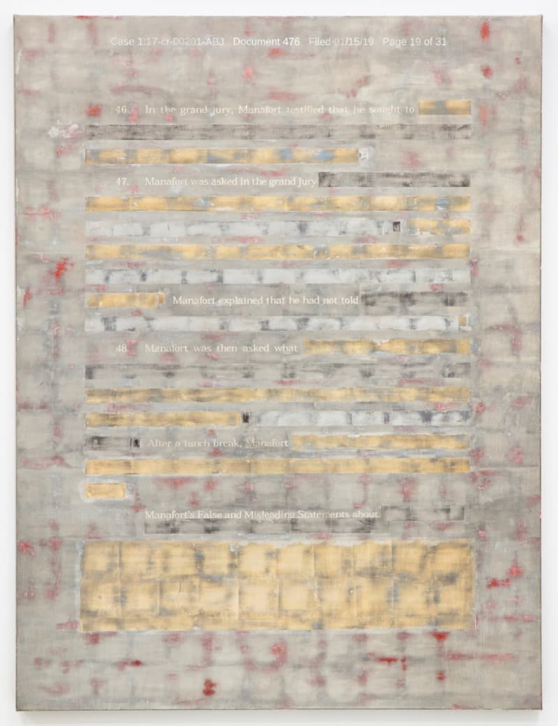 False and Misleading Statements · Caplain gold, moon gold, and palladium leaf and oil on linen · 147.3 x 111.8 x 3.8 cm · 2020 · False and Misleading Statements · Caplain gold, moon gold, and palladium leaf and oil on linen