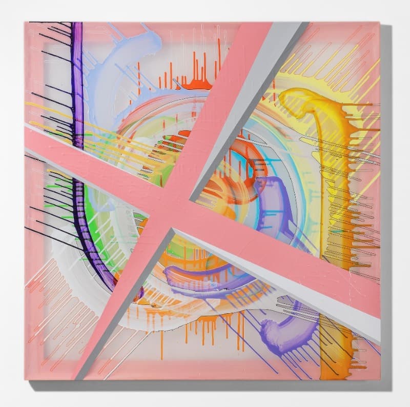 박윤경, A CLUMSY EXCUSE · painting marker, acrylic on chiffon, wooden frame · 130.3x130.3cm · 2020 · A CLUMSY EXCUSE · painting marker, acrylic on chiffon, wooden frame