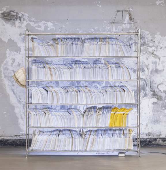 Letters_Life Project, work in progress, installation view · tissue, butter paper, silk fabrics, cotton textiles, table, chair · 2003~ · Letters_Life Project, work in progress, installation view · tissue, butter paper, silk fabrics, cotton textiles, table, c