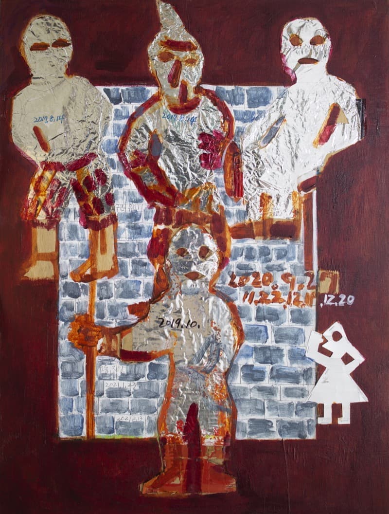 서용선  고구려 · Acrylic, wrapping paper, aluminium foil collage on plywood · 80.8x60.8cm · 2017-20 · Acrylic, wrapping paper, aluminium foil collage on plywood
