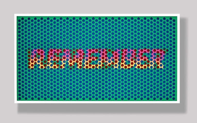 Remember We Are Dust · perforated aluminum panel, acrylic, lacquer spray paint, masking vinyl tape, acrylic on paper, wooden frame, antireflection glass · 89.2 x 165.4 x 9.8 cm · 2021 (출처= 도잉아트) · Remember We Are Dust · perforated aluminum panel, acrylic, lacq