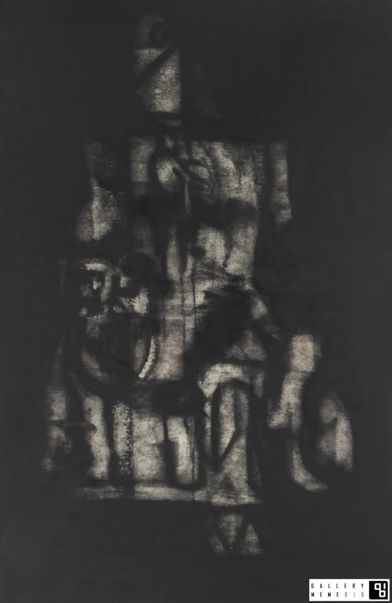철로 된 문 너머의 연인들 · 한지에 먹 목탄 · 111x73cm · 2018 (출처= 갤러리밈) · Lovers Beyond the Iron Door · ink, charcoal on hanji