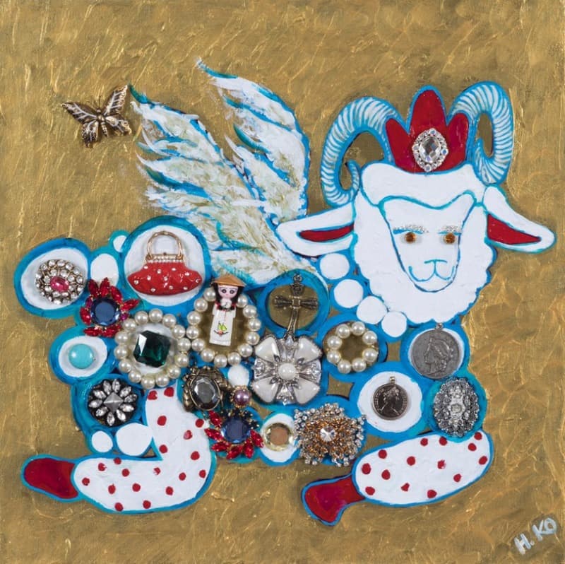 소원 들어주는 양 · mixed media on canvas · 40X40cm · 2015 (출처= 언주라운드) · 소원 들어주는 양 · mixed media on canvas