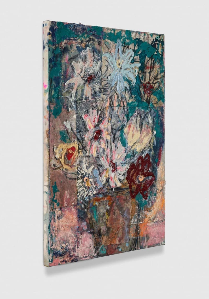 Flowers 12 (teal and bleached pink) · Oil, acrylic, ink, pastel, charcoal, spray paint, pumice gel and collaged fabrics on canvas · 100 x 70 cm · 2021 (출처= 초이앤라거 갤러리) · Flowers 12 (teal and bleached pink) · Oil, acrylic, ink, pastel, charcoal, spray paint, pum